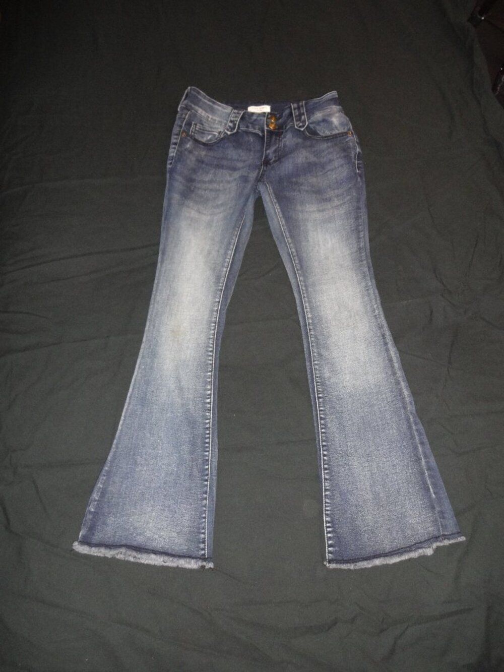 Love Soho Dark Wash Stretch Flare Jeans Size 3 | Frayed Hem & Pockets
